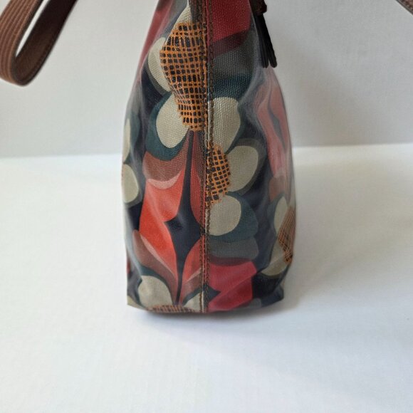 Fossil Tote Red Mod Floral Coated Canvas Keyper Bag Retro Boho Brown Leather - Picture 8 of 16